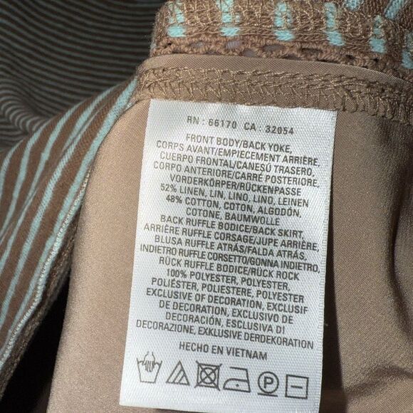 Anthropologie Meadow Rue taupe and teal striped Linen Swing top size Small EUC - Picture 5 of 9